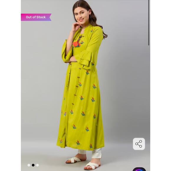 Neerus Green Embroidered A Line Kurta w/ Jacket Maxi Bell Sleeve Womens XXL 2XL - Picture 2 of 10